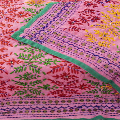 Sanskriti New Pink Phulkari Dupatta/Stole Georgette Hand Embroidery Wedding Veil