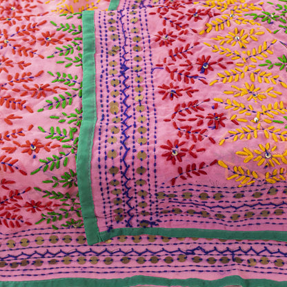 Sanskriti New Pink Phulkari Dupatta/Stole Georgette Hand Embroidery Wedding Veil
