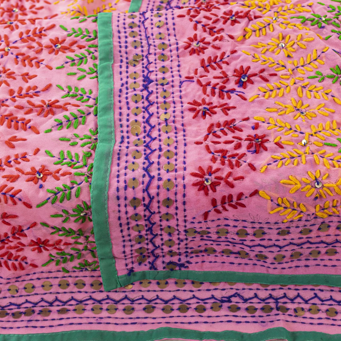 Sanskriti New Pink Phulkari Dupatta/Stole Georgette Hand Embroidery Wedding Veil