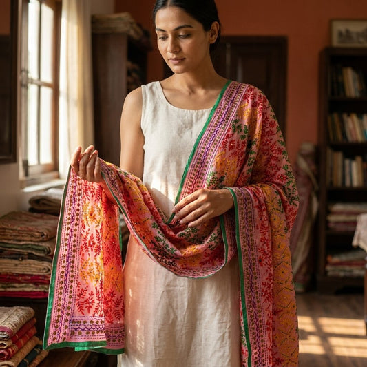 Sanskriti New Pink Phulkari Dupatta/Stole Georgette Hand Embroidery Wedding Veil