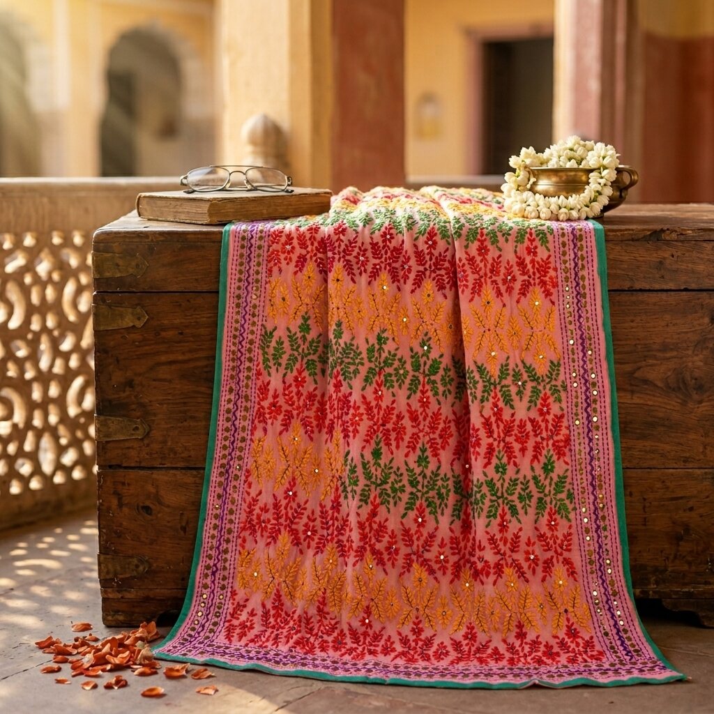 Sanskriti New Pink Phulkari Dupatta/Stole Georgette Hand Embroidery Wedding Veil