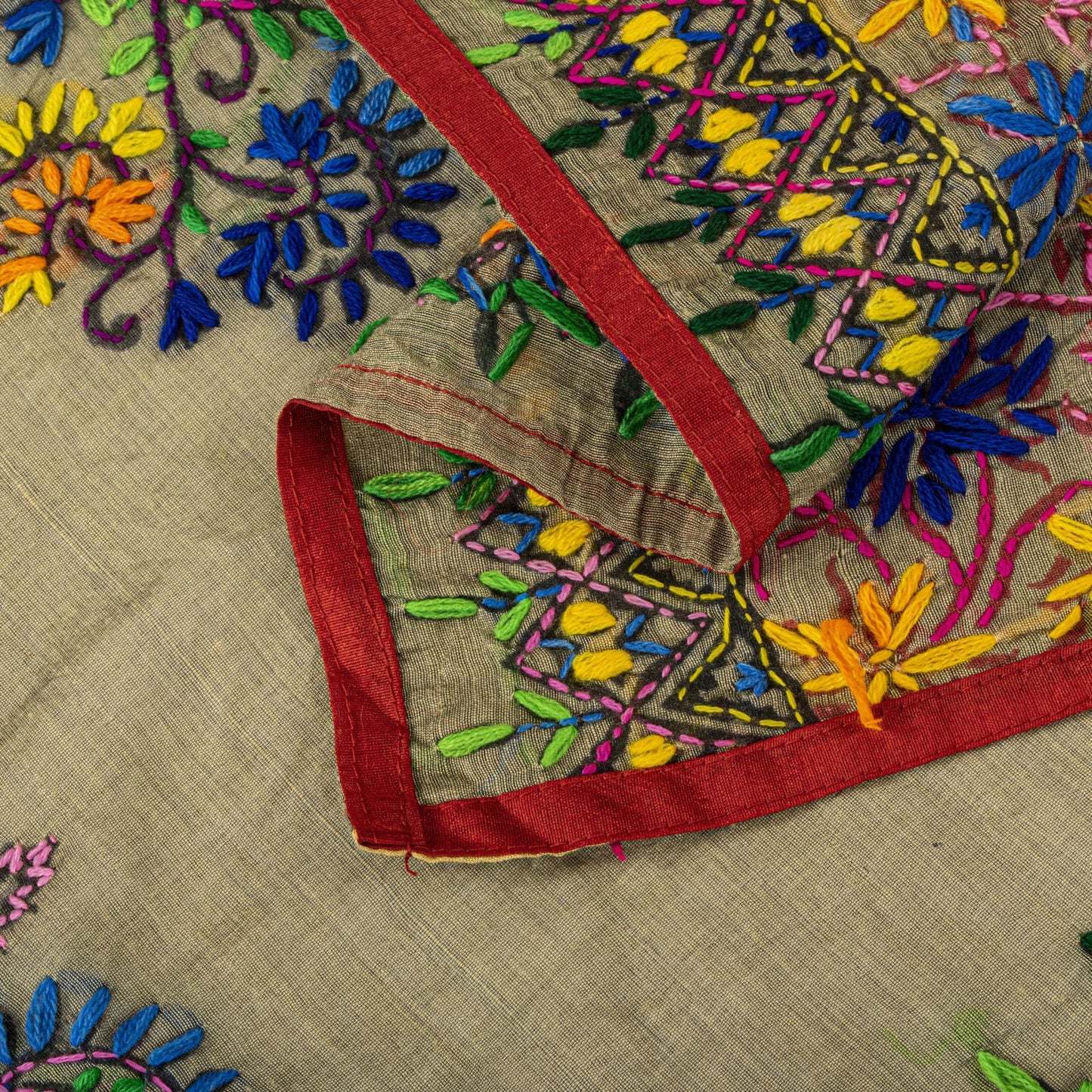 Sanskriti New Gray Art Silk Dupatta/Stole Phulkari Hand Embroidery Indian Veil