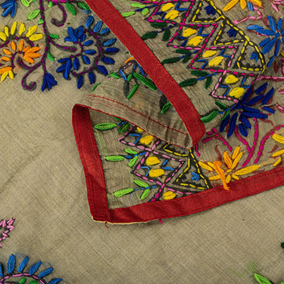 Sanskriti New Gray Art Silk Dupatta/Stole Phulkari Hand Embroidery Indian Veil