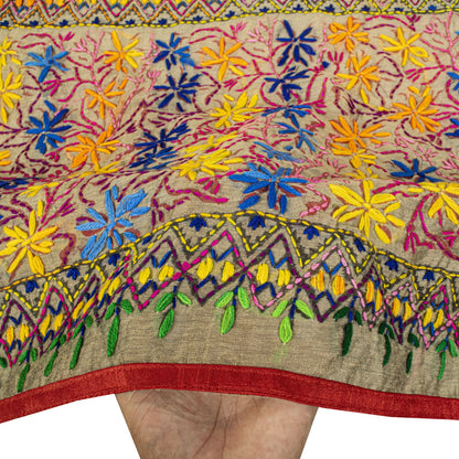 Sanskriti New Gray Art Silk Dupatta/Stole Phulkari Hand Embroidery Indian Veil