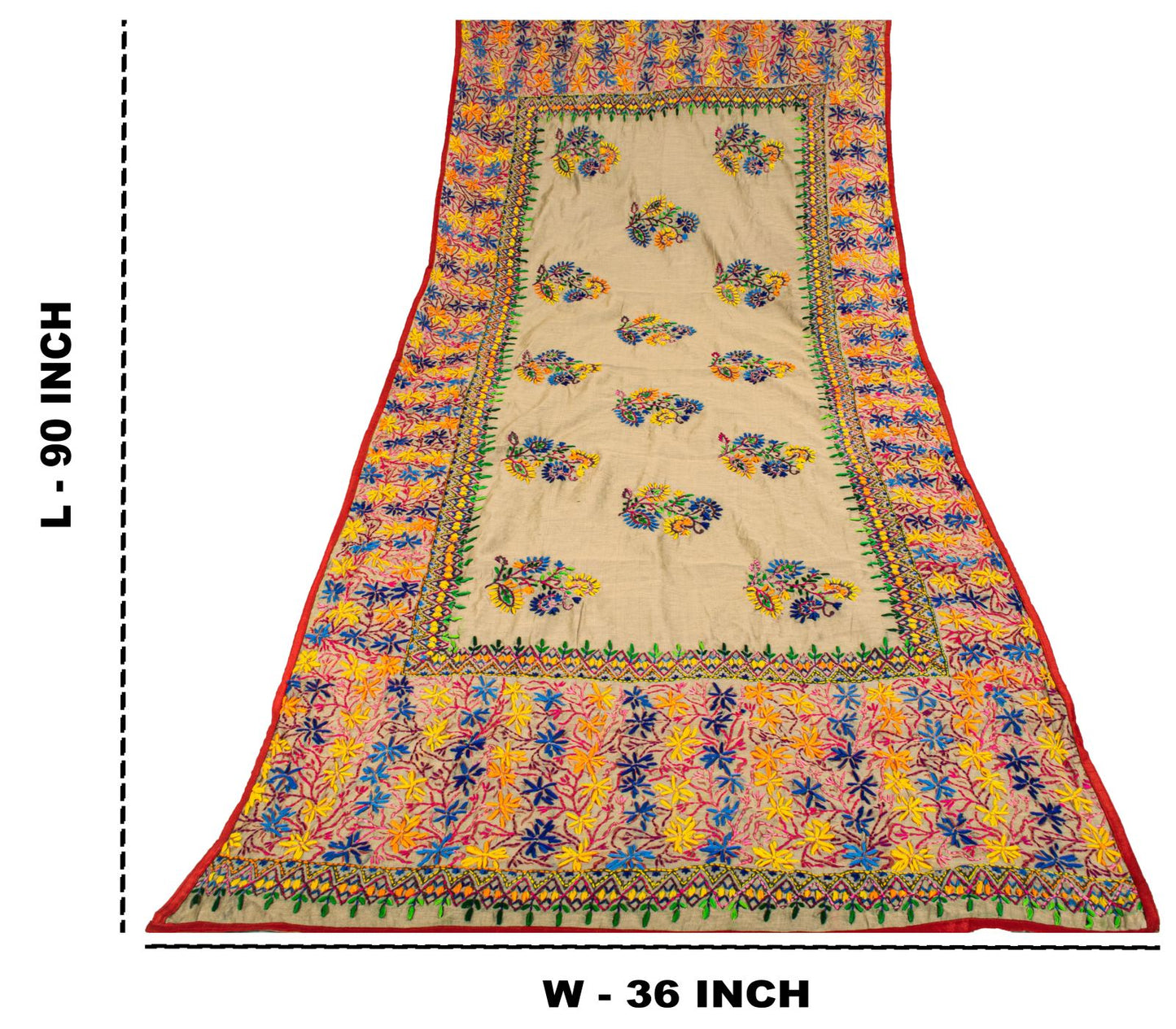 Sanskriti New Gray Art Silk Dupatta/Stole Phulkari Hand Embroidery Indian Veil