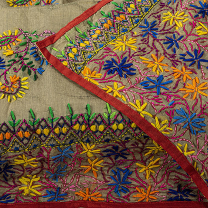 Sanskriti New Gray Art Silk Dupatta/Stole Phulkari Hand Embroidery Indian Veil