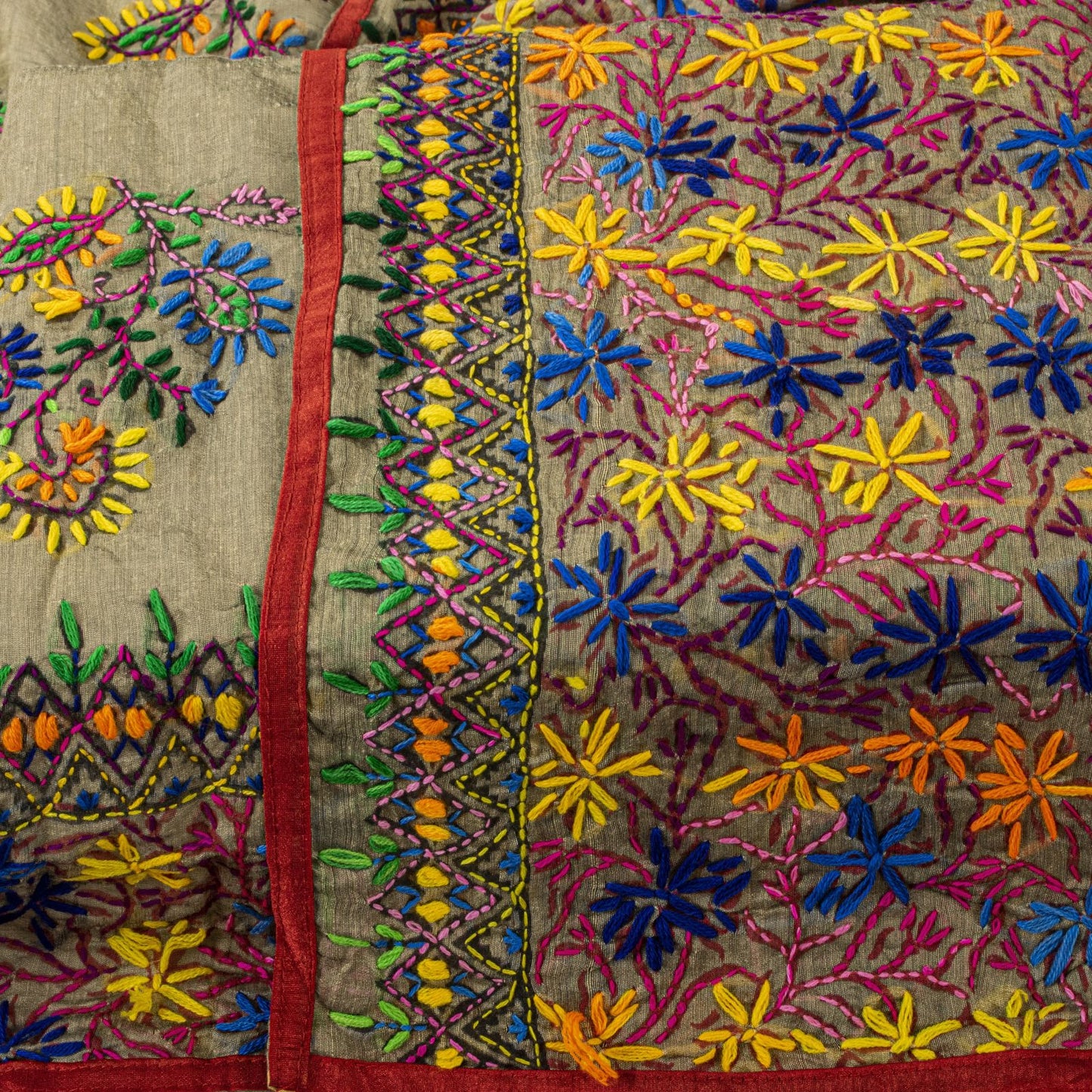 Sanskriti New Gray Art Silk Dupatta/Stole Phulkari Hand Embroidery Indian Veil
