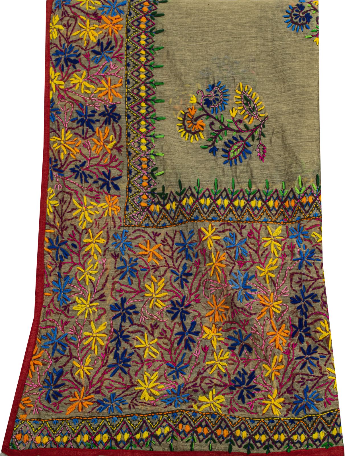 Sanskriti New Gray Art Silk Dupatta/Stole Phulkari Hand Embroidery Indian Veil