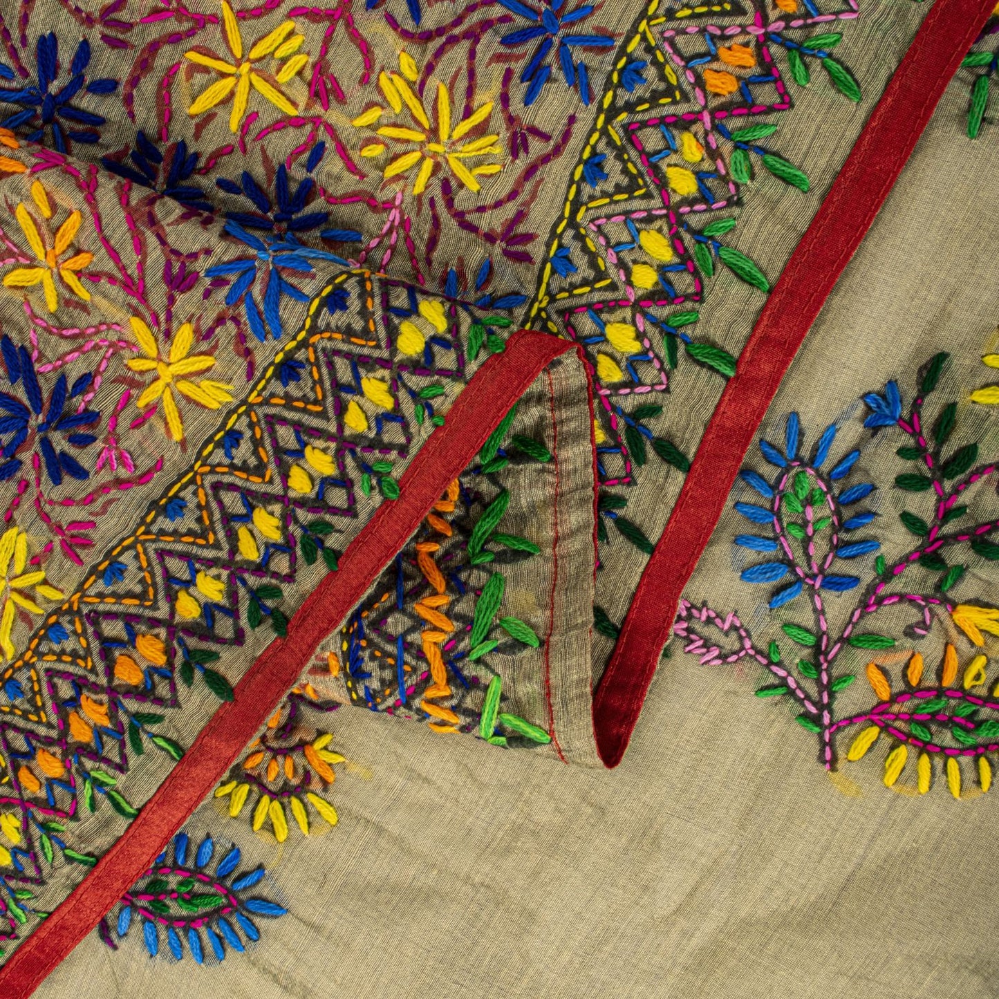 Sanskriti New Gray Art Silk Dupatta/Stole Phulkari Hand Embroidery Indian Veil