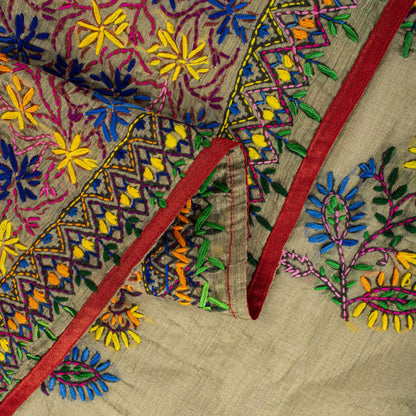 Sanskriti New Gray Art Silk Dupatta/Stole Phulkari Hand Embroidery Indian Veil