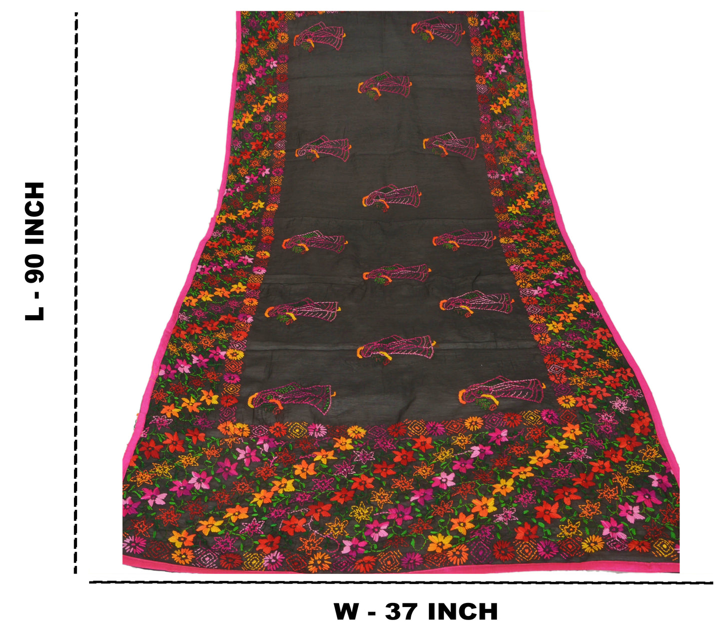 Sanskriti New Black Phulkari Dupatta/Stole Art Silk Hand Embroidery Wedding Veil