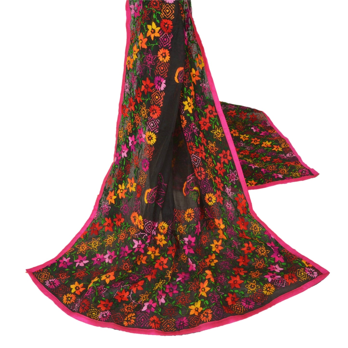 Sanskriti New Black Phulkari Dupatta/Stole Art Silk Hand Embroidery Wedding Veil