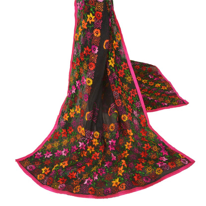 Sanskriti New Black Phulkari Dupatta/Stole Art Silk Hand Embroidery Wedding Veil
