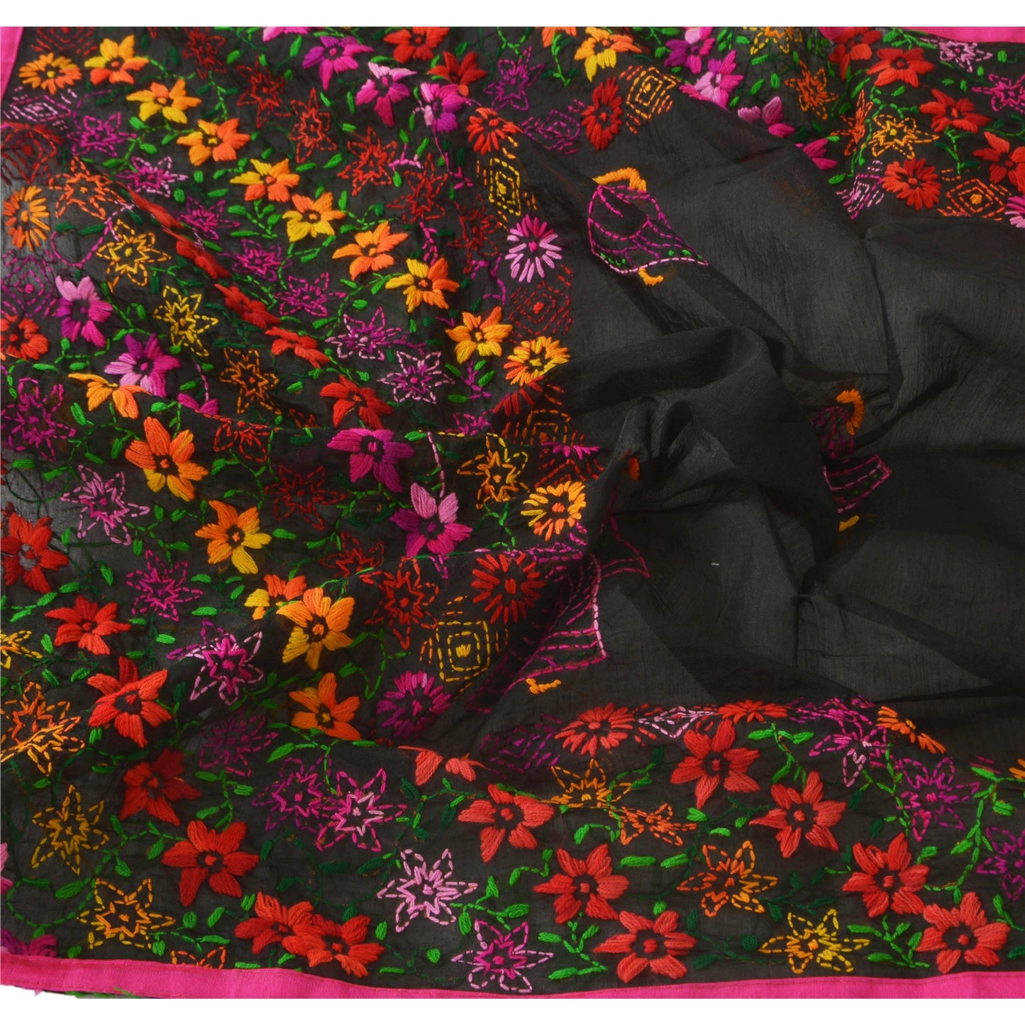 Sanskriti New Black Phulkari Dupatta/Stole Art Silk Hand Embroidery Wedding Veil