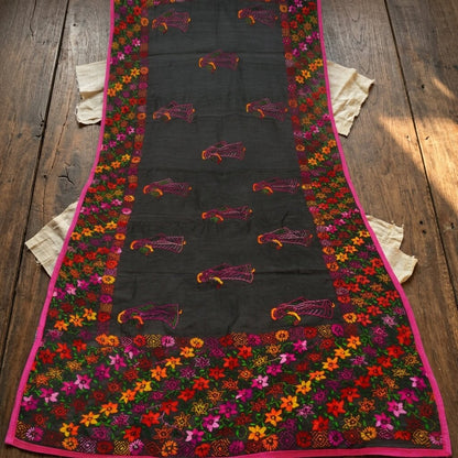 Sanskriti New Black Phulkari Dupatta/Stole Art Silk Hand Embroidery Wedding Veil