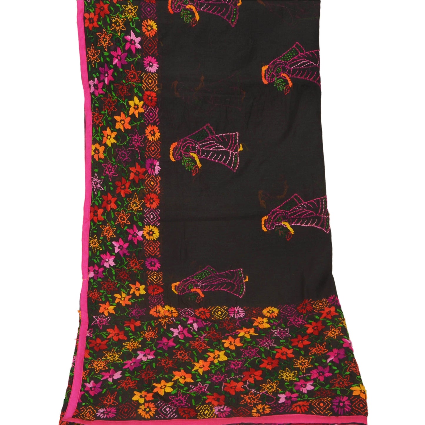 Sanskriti New Black Phulkari Dupatta/Stole Art Silk Hand Embroidery Wedding Veil