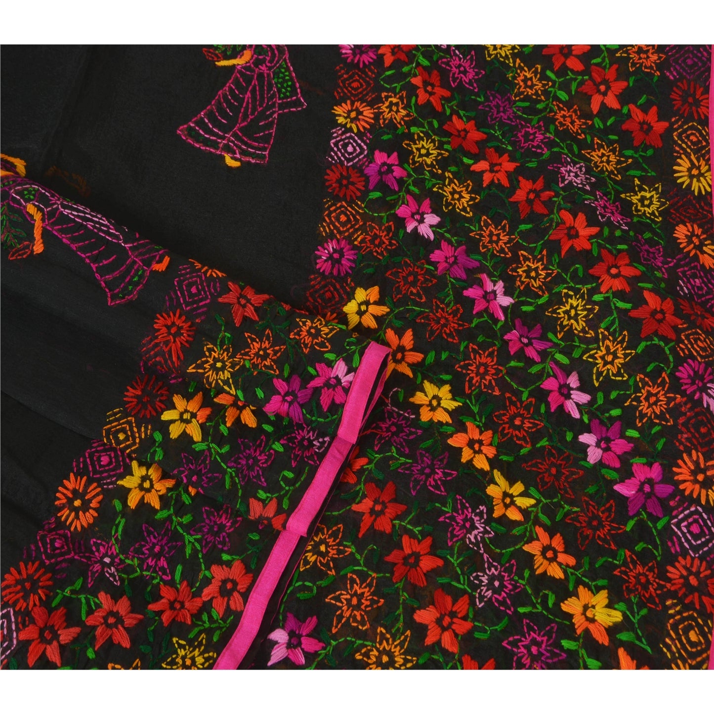 Sanskriti New Black Phulkari Dupatta/Stole Art Silk Hand Embroidery Wedding Veil