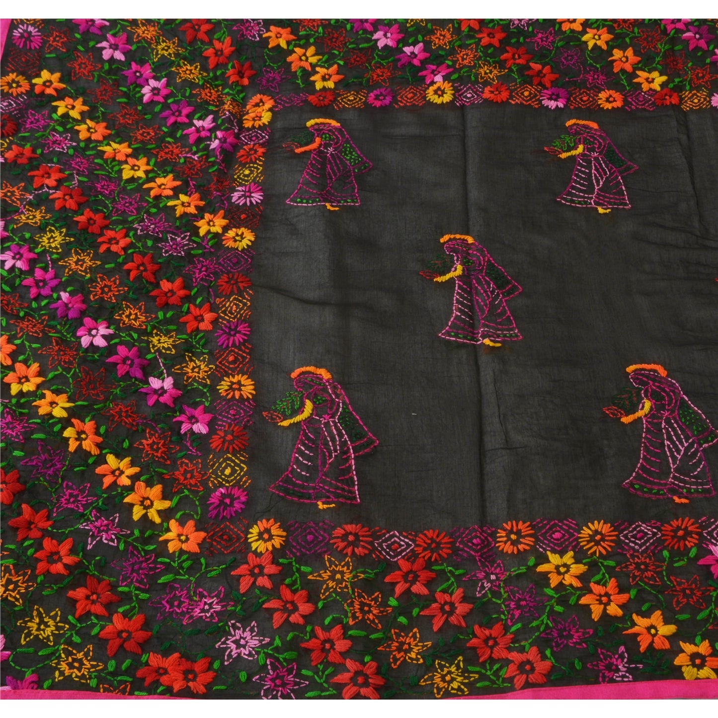 Sanskriti New Black Phulkari Dupatta/Stole Art Silk Hand Embroidery Wedding Veil