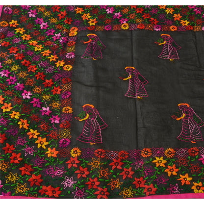 Sanskriti New Black Phulkari Dupatta/Stole Art Silk Hand Embroidery Wedding Veil