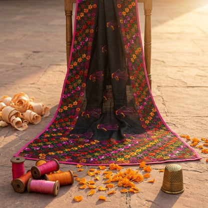 Sanskriti New Black Phulkari Dupatta/Stole Art Silk Hand Embroidery Wedding Veil