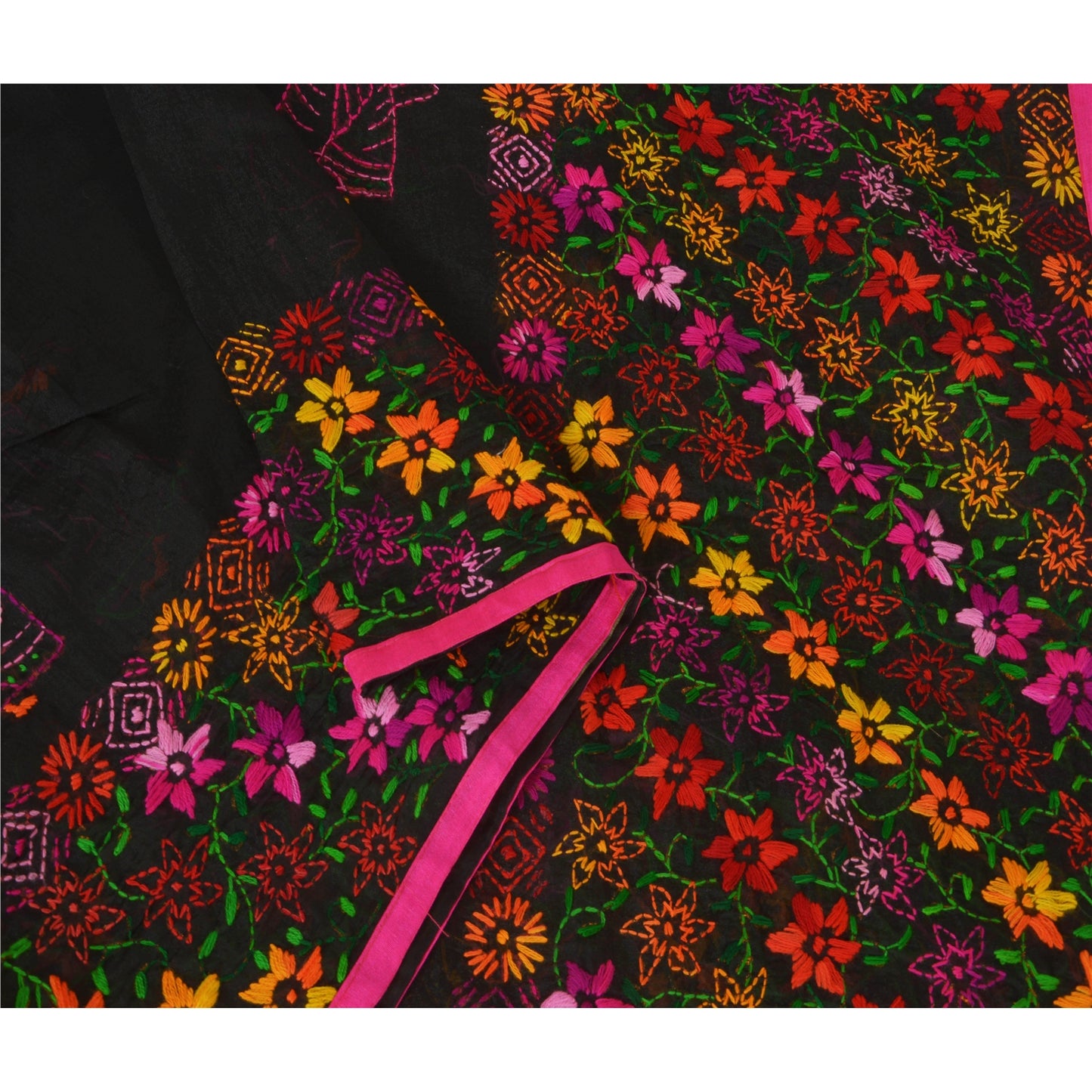 Sanskriti New Black Phulkari Dupatta/Stole Art Silk Hand Embroidery Wedding Veil