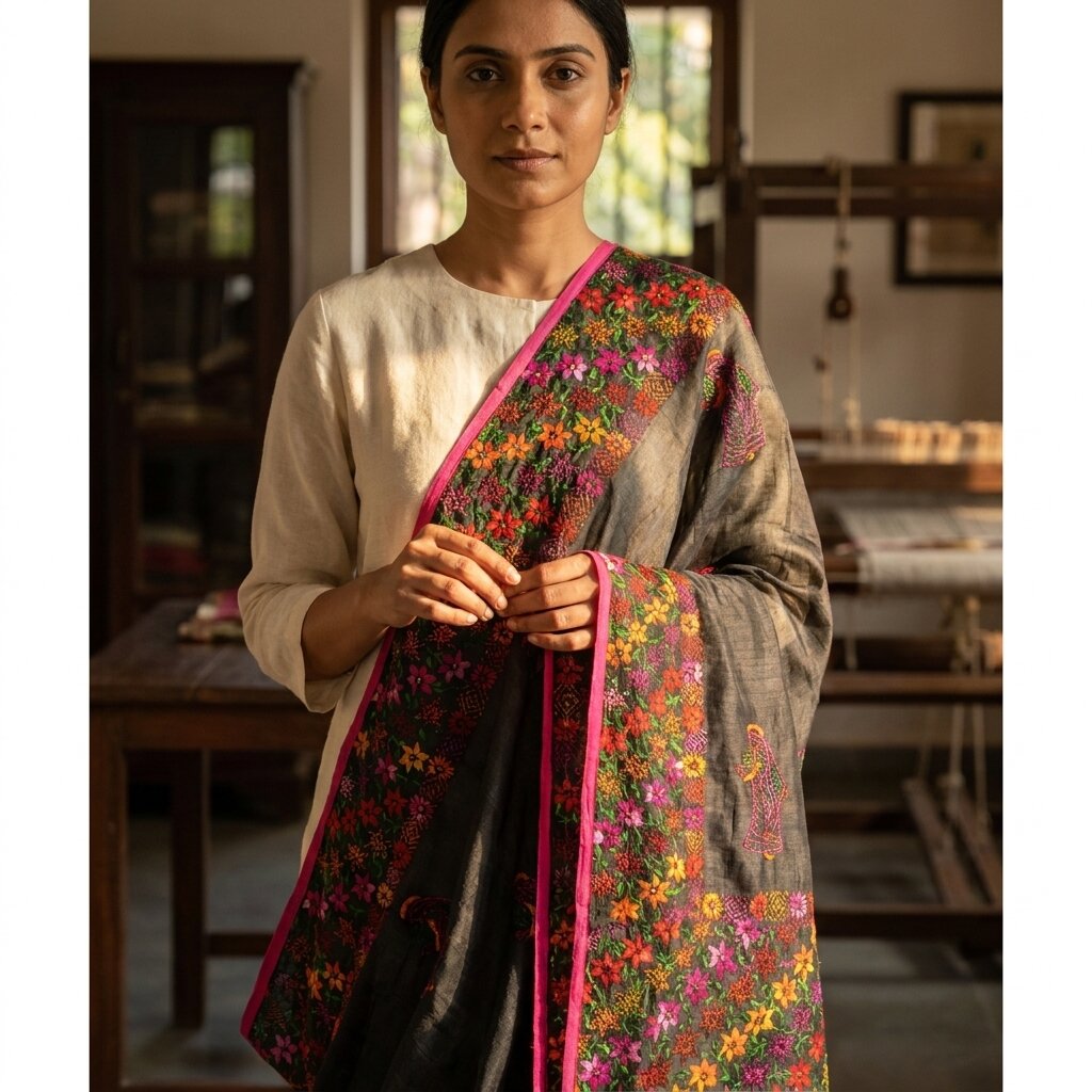 Sanskriti New Black Phulkari Dupatta/Stole Art Silk Hand Embroidery Wedding Veil