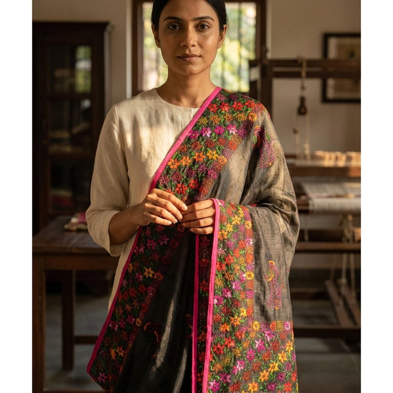 Sanskriti New Black Phulkari Dupatta/Stole Art Silk Hand Embroidery Wedding Veil