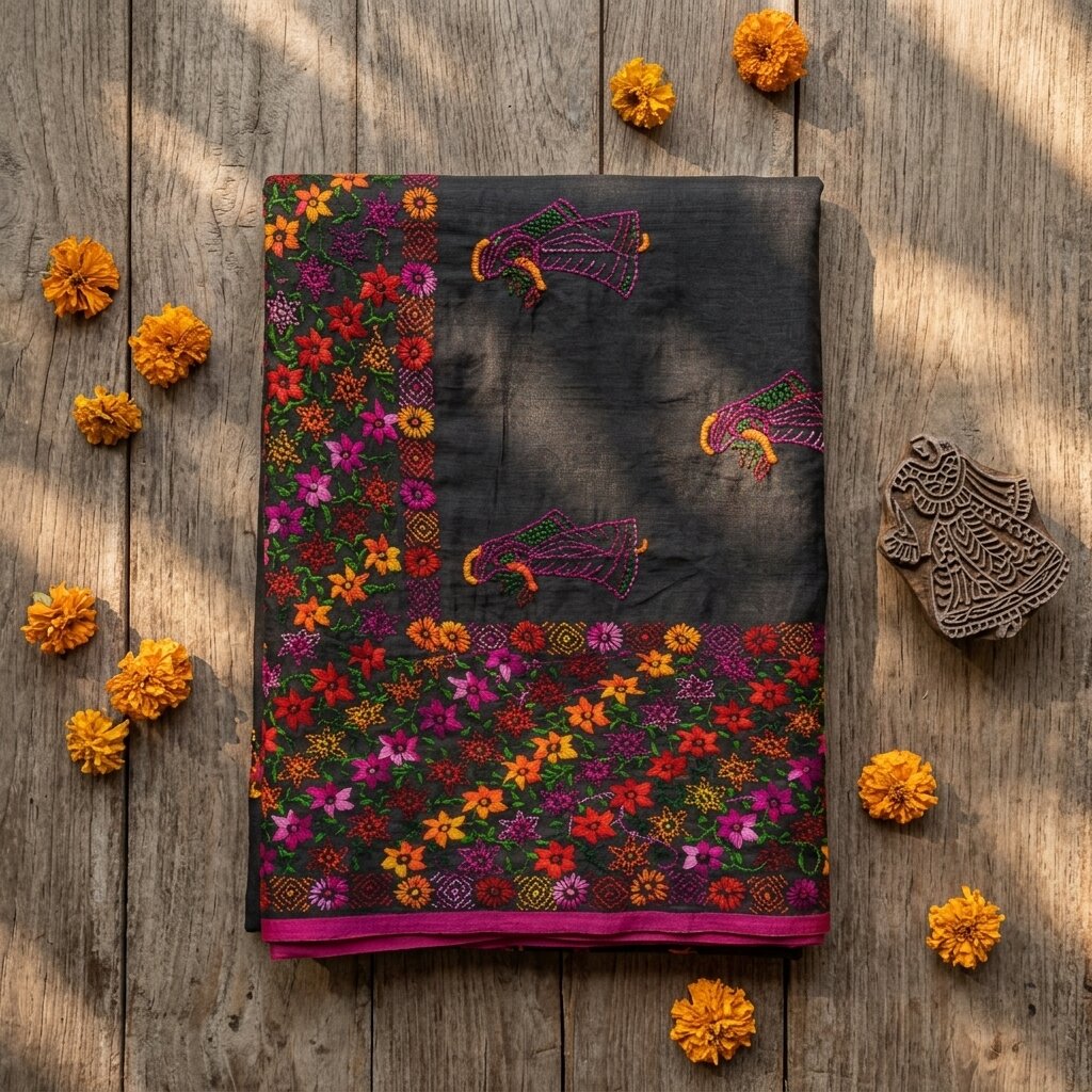 Sanskriti New Black Phulkari Dupatta/Stole Art Silk Hand Embroidery Wedding Veil