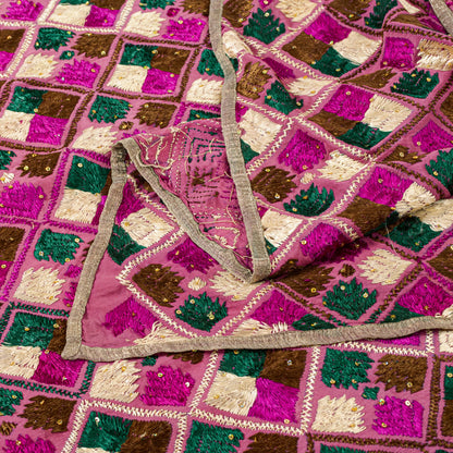 Sanskriti New Pink Pure Silk Dupatta/Stole Indian Bagh Phulkari Hand Embroidered