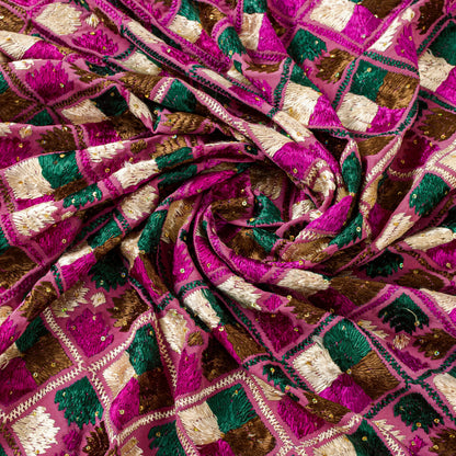 Sanskriti New Pink Pure Silk Dupatta/Stole Indian Bagh Phulkari Hand Embroidered