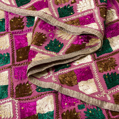 Sanskriti New Pink Pure Silk Dupatta/Stole Indian Bagh Phulkari Hand Embroidered