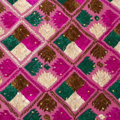 Sanskriti New Pink Pure Silk Dupatta/Stole Indian Bagh Phulkari Hand Embroidered
