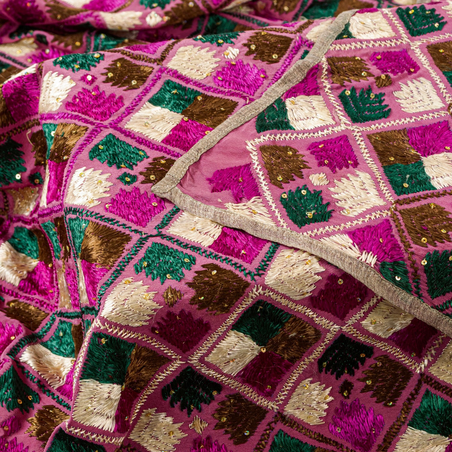 Sanskriti New Pink Pure Silk Dupatta/Stole Indian Bagh Phulkari Hand Embroidered
