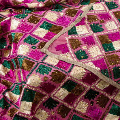 Sanskriti New Pink Pure Silk Dupatta/Stole Indian Bagh Phulkari Hand Embroidered