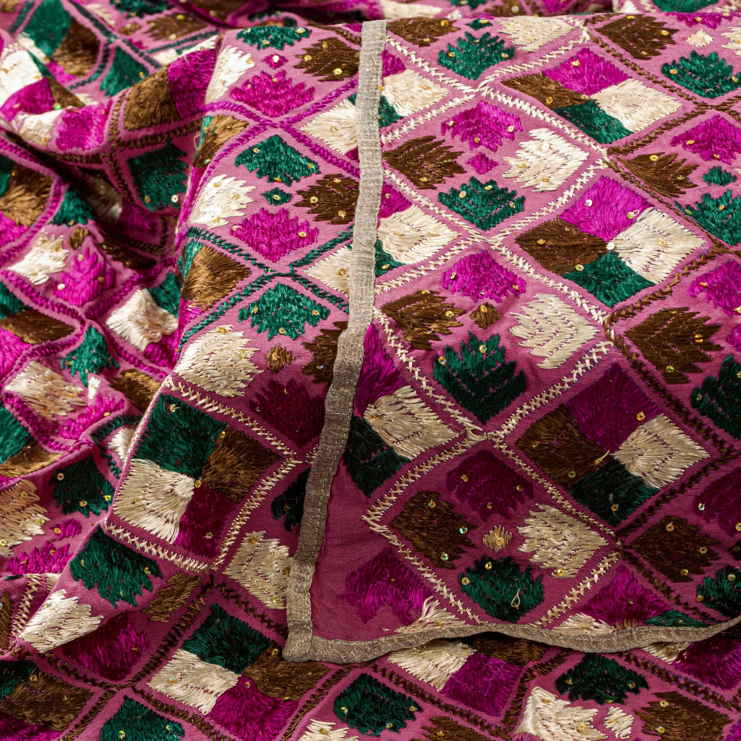 Sanskriti New Pink Pure Silk Dupatta/Stole Indian Bagh Phulkari Hand Embroidered