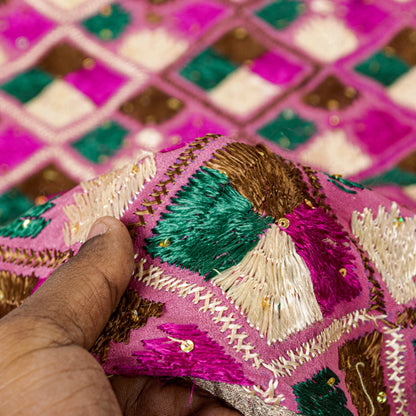 Sanskriti New Pink Pure Silk Dupatta/Stole Indian Bagh Phulkari Hand Embroidered