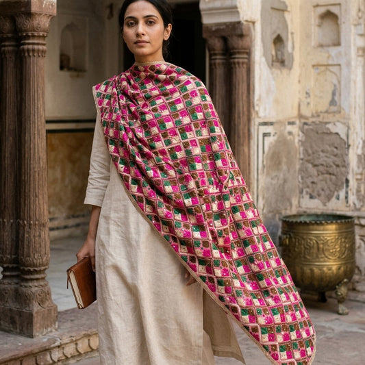 Sanskriti New Pink Pure Silk Dupatta/Stole Indian Bagh Phulkari Hand Embroidered