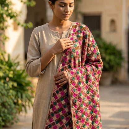 Sanskriti New Pink Pure Silk Dupatta/Stole Indian Bagh Phulkari Hand Embroidered