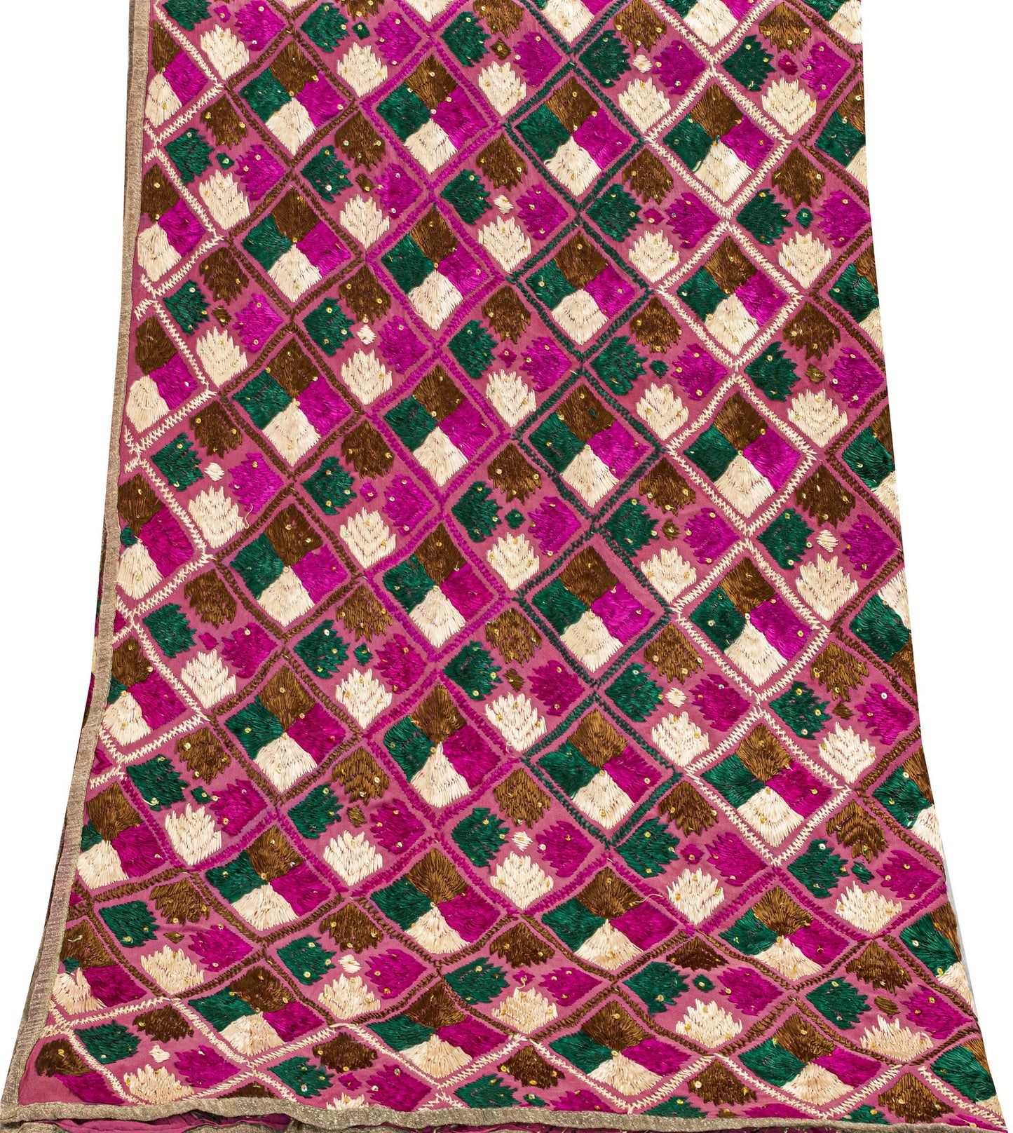 Sanskriti New Pink Pure Silk Dupatta/Stole Indian Bagh Phulkari Hand Embroidered