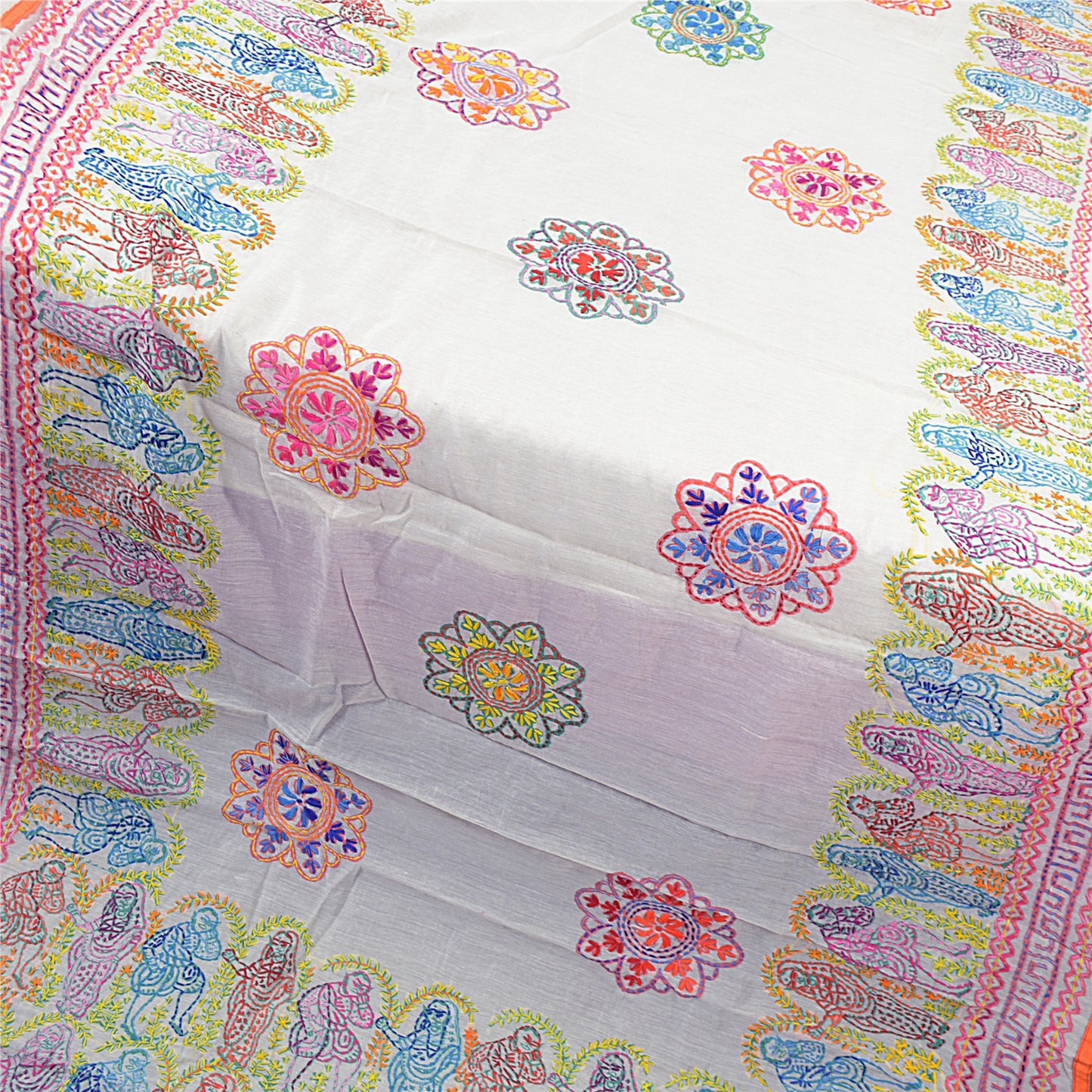 Sanskriti New White Phulkari Hand Embroidery Dupatta/Stole Art Silk Wedding Veil