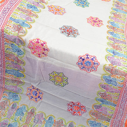 Sanskriti New White Phulkari Hand Embroidery Dupatta/Stole Art Silk Wedding Veil