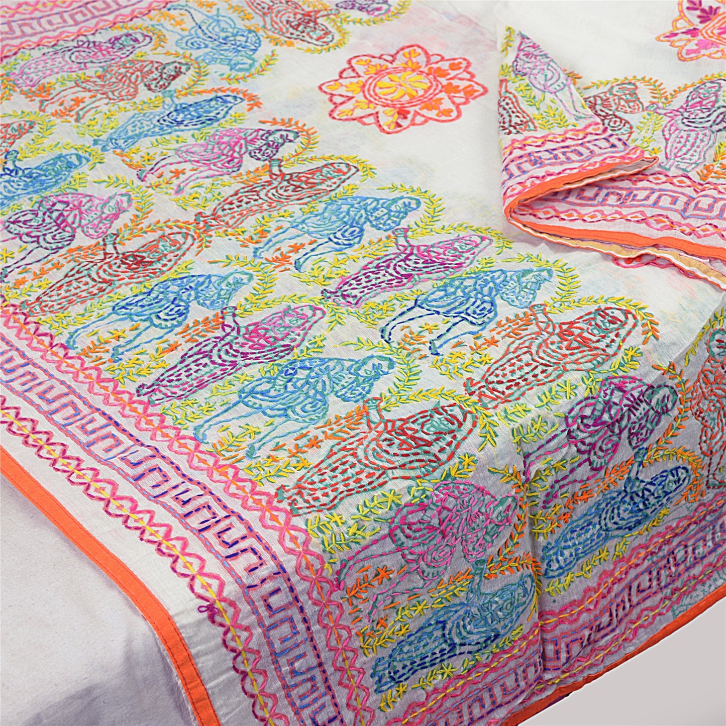 Sanskriti New White Phulkari Hand Embroidery Dupatta/Stole Art Silk Wedding Veil
