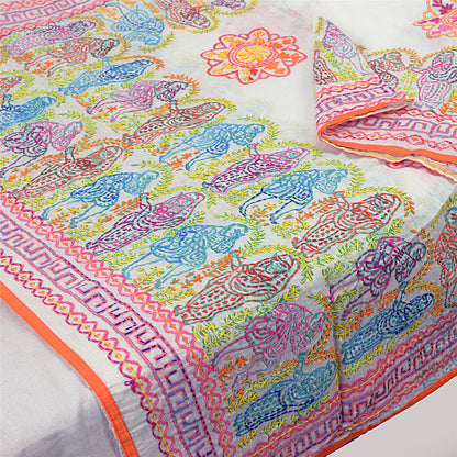 Sanskriti New White Phulkari Hand Embroidery Dupatta/Stole Art Silk Wedding Veil