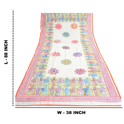 Sanskriti New White Phulkari Hand Embroidery Dupatta/Stole Art Silk Wedding Veil