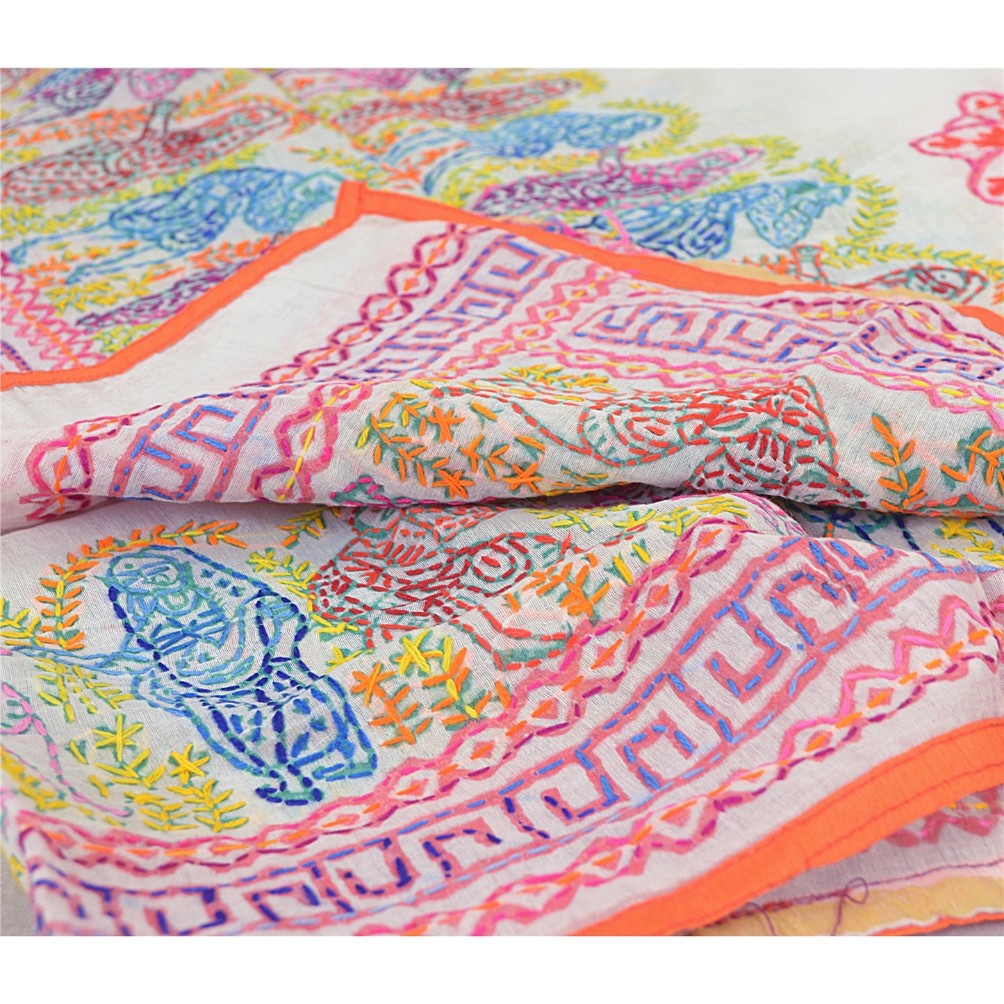Sanskriti New White Phulkari Hand Embroidery Dupatta/Stole Art Silk Wedding Veil