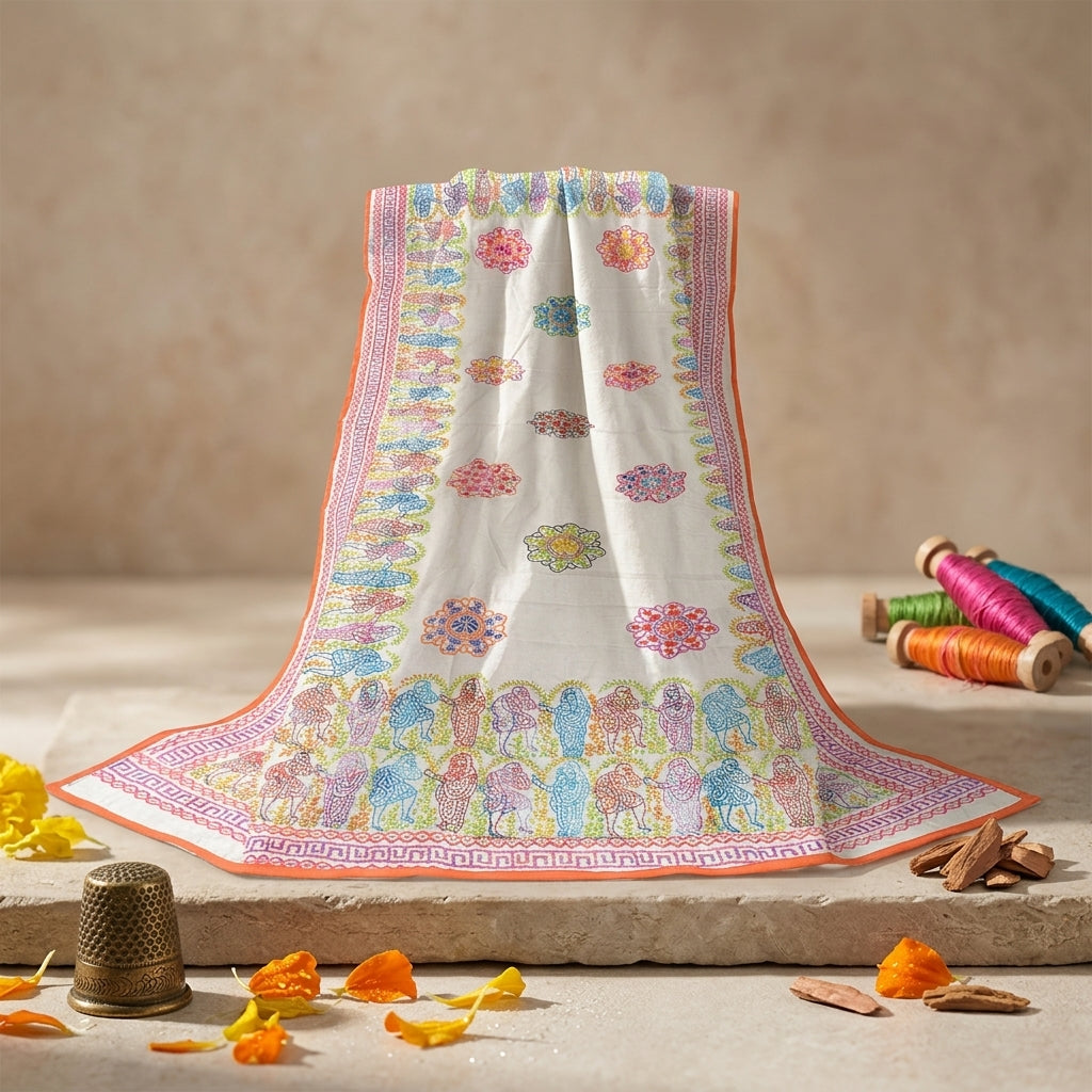 Sanskriti New White Phulkari Hand Embroidery Dupatta/Stole Art Silk Wedding Veil