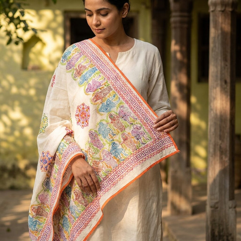 Sanskriti New White Phulkari Hand Embroidery Dupatta/Stole Art Silk Wedding Veil