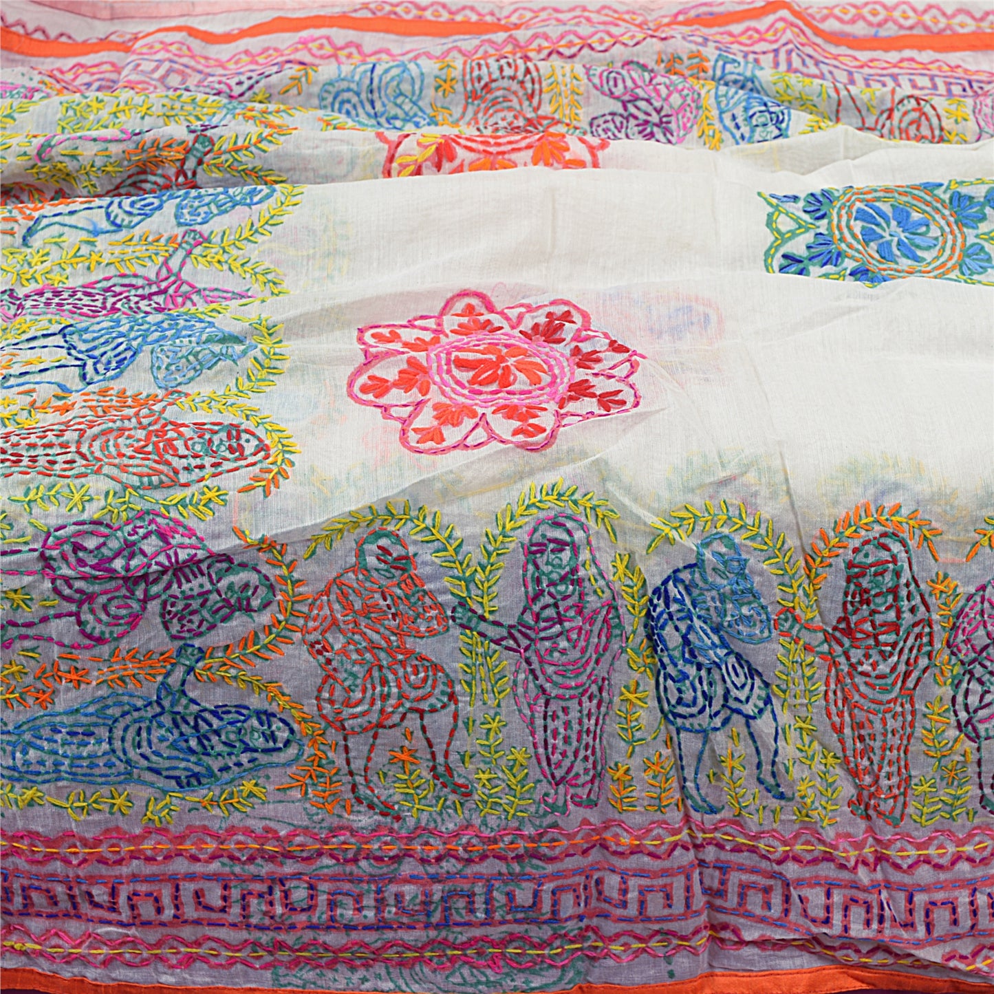 Sanskriti New White Phulkari Hand Embroidery Dupatta/Stole Art Silk Wedding Veil