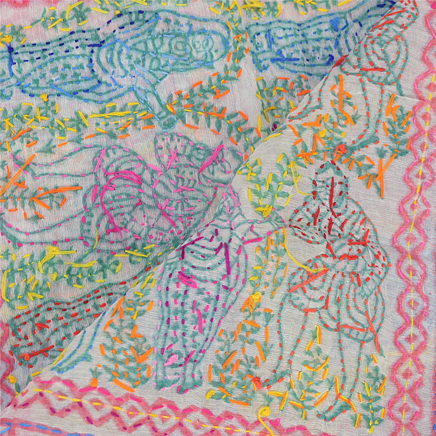 Sanskriti New White Phulkari Hand Embroidery Dupatta/Stole Art Silk Wedding Veil