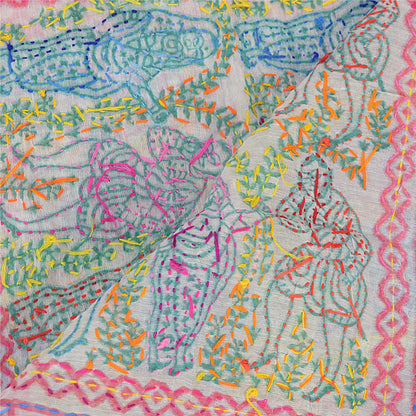 Sanskriti New White Phulkari Hand Embroidery Dupatta/Stole Art Silk Wedding Veil